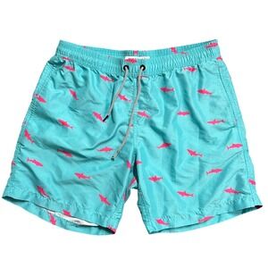 Maamgic Men's Turquoise Pink Shark Print Swim Trunks L‎ Elastic Waist Drawstring